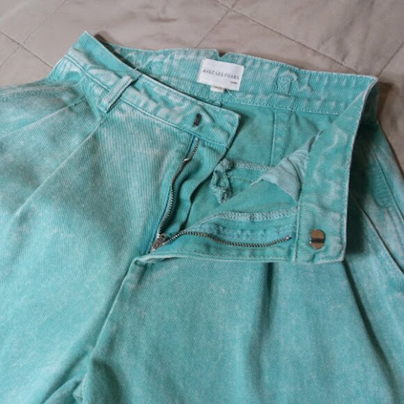 AVEC LES FILLES High Waist Retro Acid Wash Teal Green Pleated Wide Leg Jeans 24 - Picture 4 of 11
